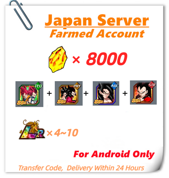 [Japan] Dokkan Battle Farmed Account 8000 stones 7th Anniversary God Goku+Goku+Super Saiyan 4 Goku+Super Saiyan 4 Vegeta for Android Only