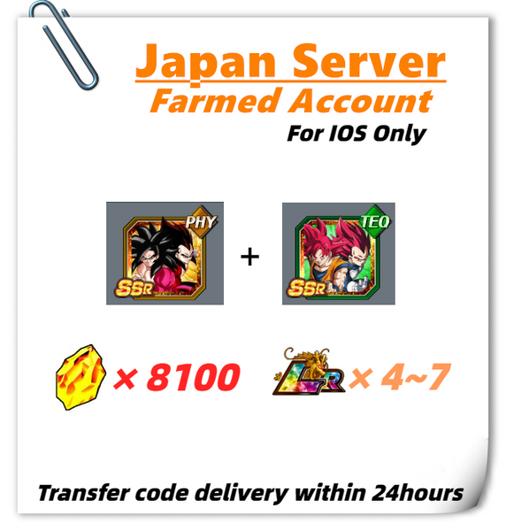 [Japan] Dokkan Battle Farmed Account 8100 DS+7th Super Saiyan 4 Goku & Super Saiyan 4 Vegeta Super Saiyan God Goku & Super Saiyan God Vegeta for IOS Only