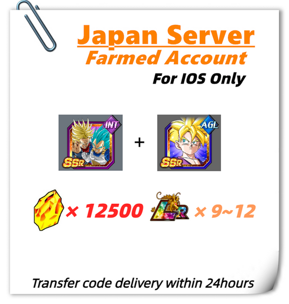 [Japan] Dokkan Battle Farmed Account 12500 DS+ Super Saiyan God SS Vegeta & Super Saiyan Trunks (Future)+Super Saiyan Gohan (Youth) for IOS Only