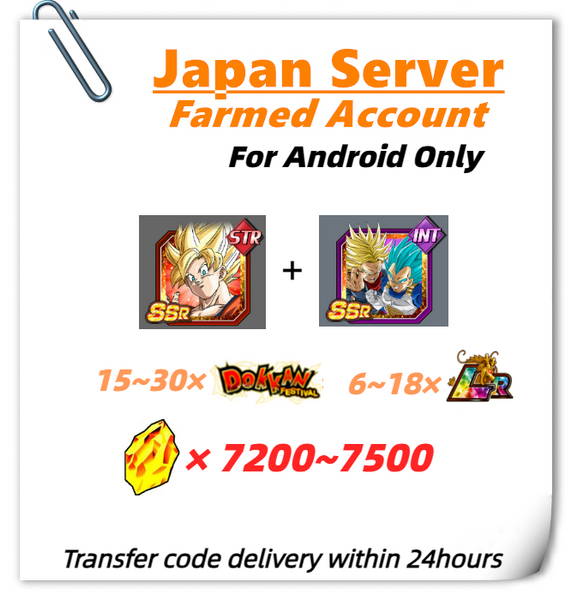 [Japan] Dokkan Battle Farmed Account 7200+ Stones With Super Saiyan Goku+Super Saiyan God SS Vegeta & Super Saiyan Trunks (Future) for Android Only