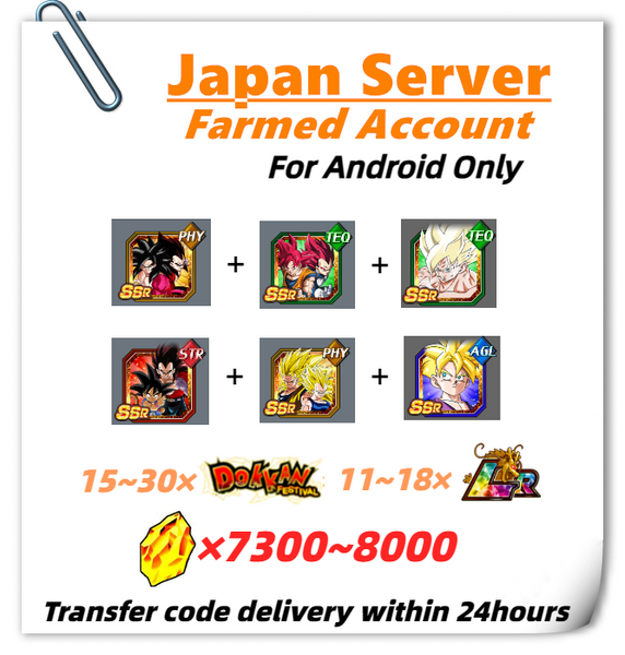 [Japan] Dokkan Battle Farmed Account 7300+ DS 8.7th With Super Saiyan God Goku Vegeta+Goku (GT) & Super Saiyan 4 Vegeta+ Super Saiyan Gohan (Youth) for Android Only