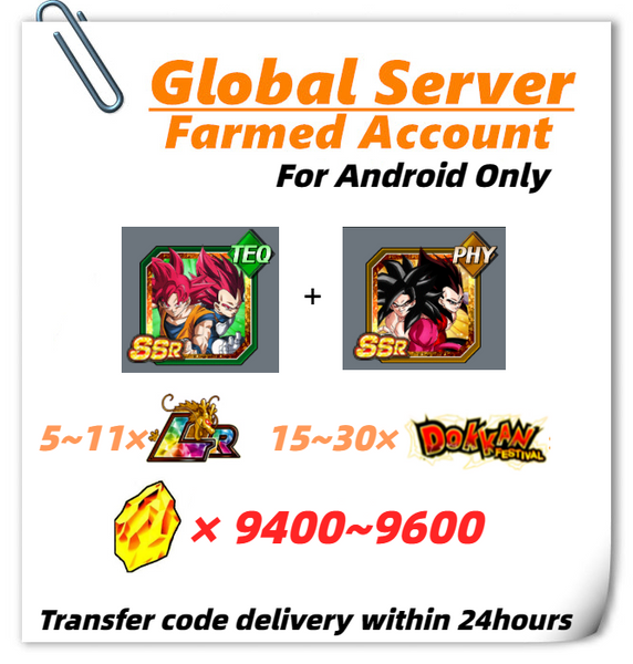 [Global] Dokkan Battle Farmed Account 9400+DS 7th Super Saiyan 4 Goku & Super Saiyan 4 Vegeta Super Saiyan God Goku & Super Saiyan God Vegeta for Android Only