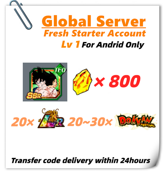 [Global] Dokkan Battle Fresh Starter Account 800 DS+20LRs With Goku (Angel) & Vegeta (Angel) for Android ONLY