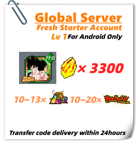 [Global] Dokkan Battle Fresh Starter Account 3300 DS+10~13LRs With Goku (Angel) & Vegeta (Angel) for Android ONLY