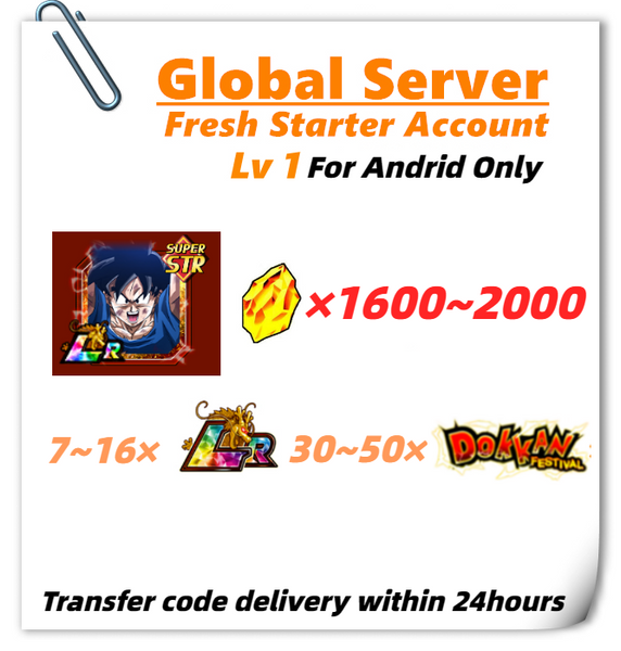 [Global] Dokkan Battle Fresh Starter Account 1600 DS+7~16LRs+Goku for Android ONLY