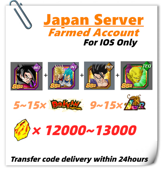 [Japan] Dokkan Battle Farmed Account 12000+DS With Super Saiyan 4 Goku Super Saiyan God SS Vegeta & Super Saiyan Trunks Ultimate Gohan Piccolo for IOS Only