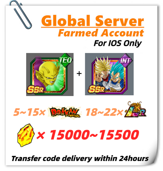 [Global] Dokkan Battle Farmed Account 15000+ DS With Piccolo (Power Awakening) +Super Saiyan God SS Vegeta & Super Saiyan Trunks (Future) for IOS