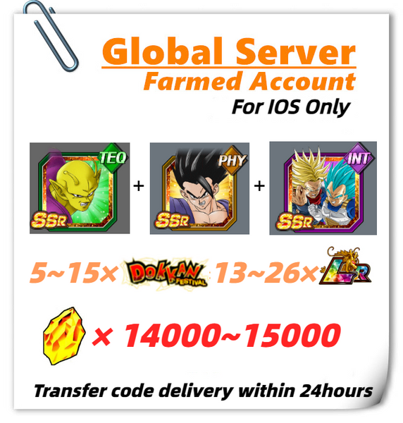 [Global] Dokkan Battle Farmed Account 14000+ DS With Piccolo+Beast Gohan+Super Saiyan God SS Vegeta & Super Saiyan Trunks for IOS