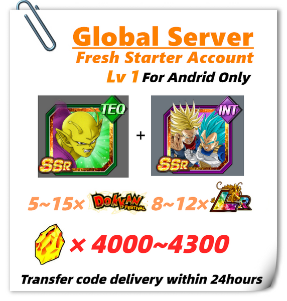 [Global] Dokkan Battle Fresh Starter Account 4000+ DS With Piccolo+Super Saiyan God SS Vegeta & Super Saiyan Trunks For Android Only