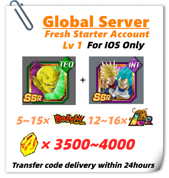 [Global] Dokkan Battle Fresh Starter Account 3500+ DS With Piccolo+Super Saiyan God SS Vegeta & Super Saiyan Trunks For IOS Only