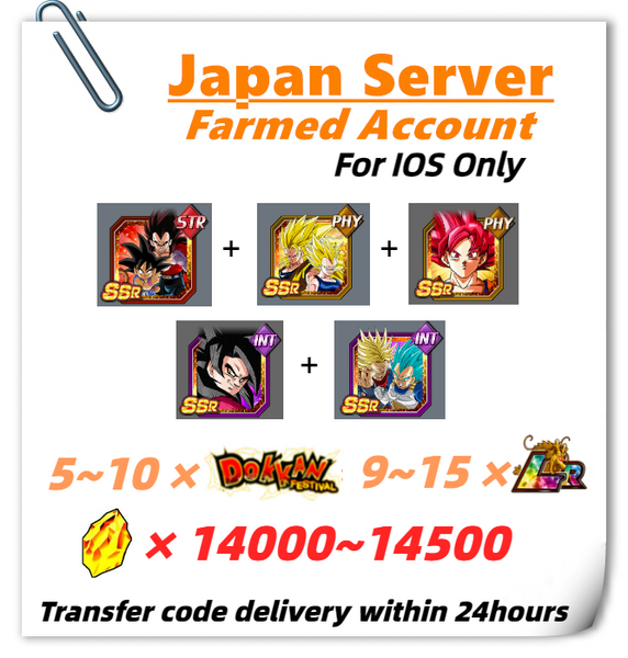 [Japan] Dokkan Battle Farmed Account 14000+ DS With 8TH Super Saiyan God Goku Super Saiyan 4 Goku Super Saiyan God SS Vegeta & Super Saiyan Trunks (Future) For IOS Only