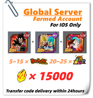 [Global] Dokkan Battle Farmed Account 15000 DS With Goku (GT) & Super Saiyan 4 Vegeta Super Saiyan God SS Vegeta & Super Saiyan Trunks (Future) Bulma (Youth) For IOS Only
