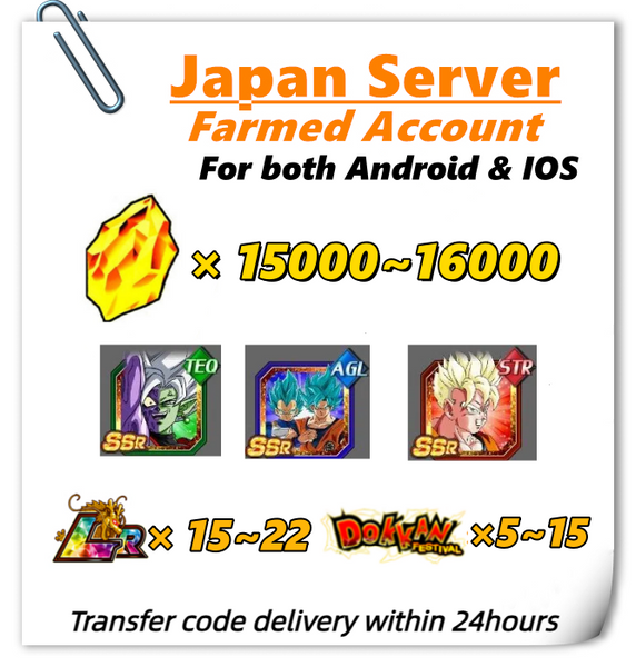 [Japan] Dokkan Battle Farmed Account 15000 DS Zamasu Super Saiyan God SS Goku & Super Saiyan God SS Vegeta and Future Gohan for IOS and Android